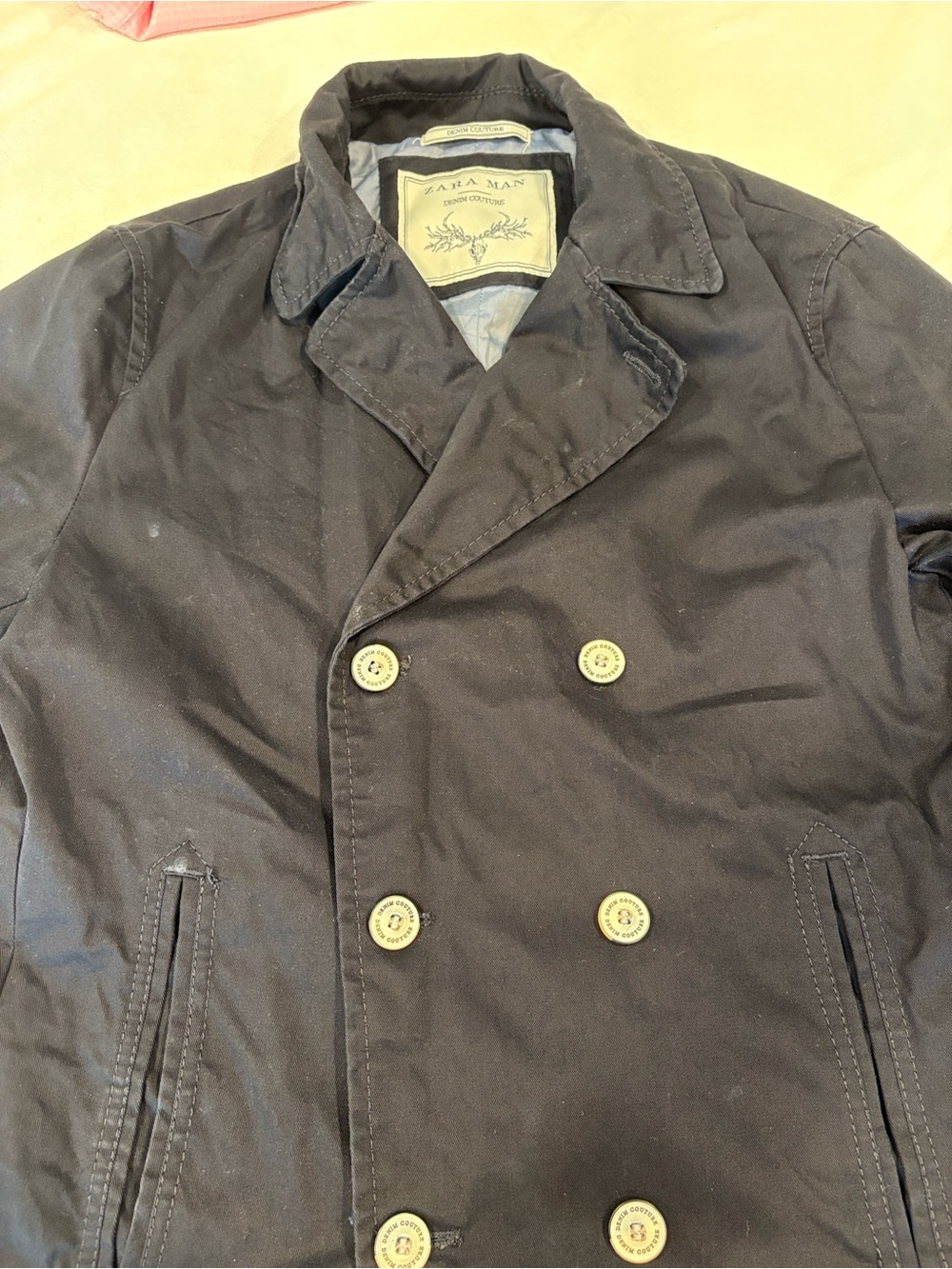 Zara Men's Double-Breasted Navy Peacoat